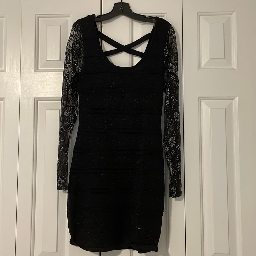 black sparkle homecoming dress with floral sleeve detail